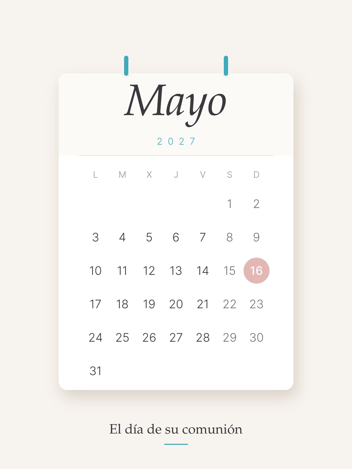 Cuándo comprar el vestido de comunión: plazos y calendario 1 Calendario de mayo de 2027 con el día de la comunión marcado