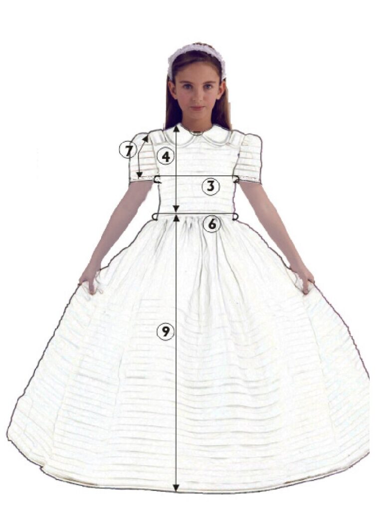 Niña con vestido de comunión y las medidas numeradas para tomar la talla