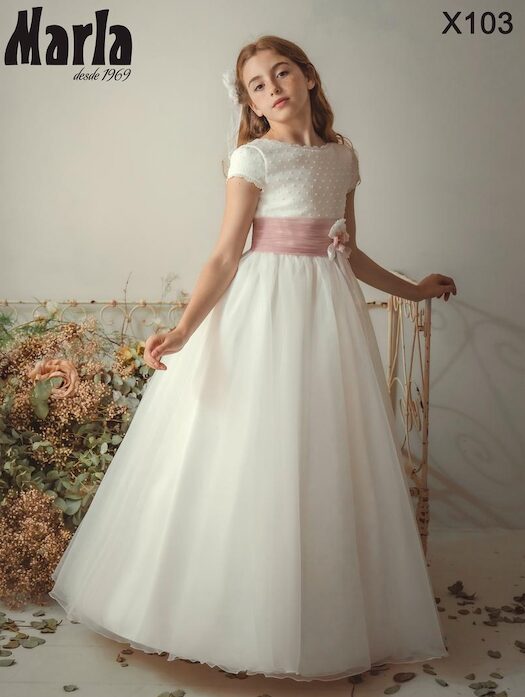 Vestido de comunión Marla X103 de plumeti con fajín rosa 1 Vestido de comunión Marla X103