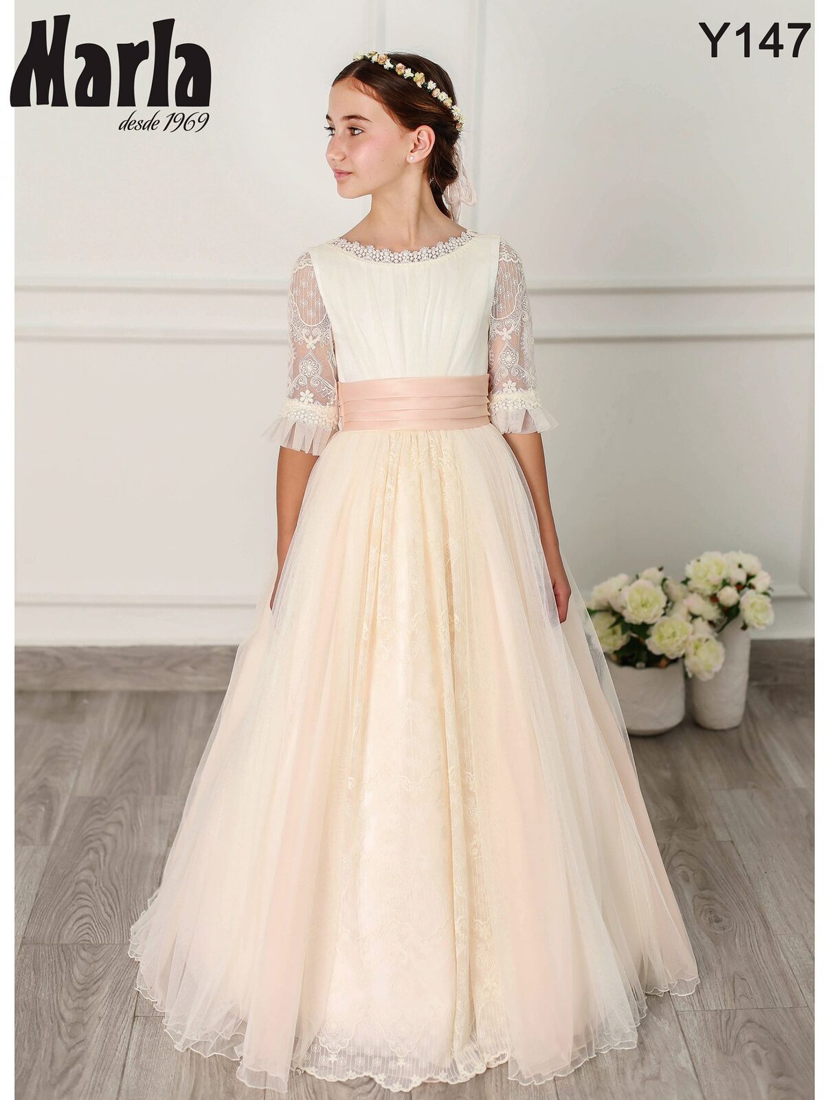 Vestido de comunión Marla Y147 de tul con fajín salmón 1 Vestido de comunión Marla Y147