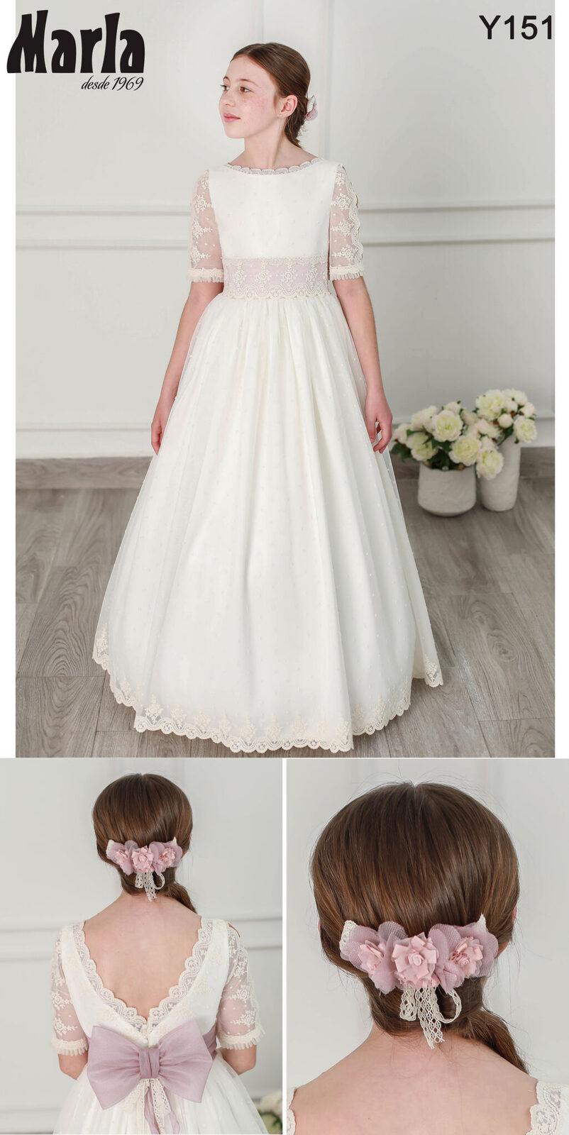 Vestido de comunión Marla Y151 con espalda en V y lazo malva 1 Vestido de comunión Marla Y151