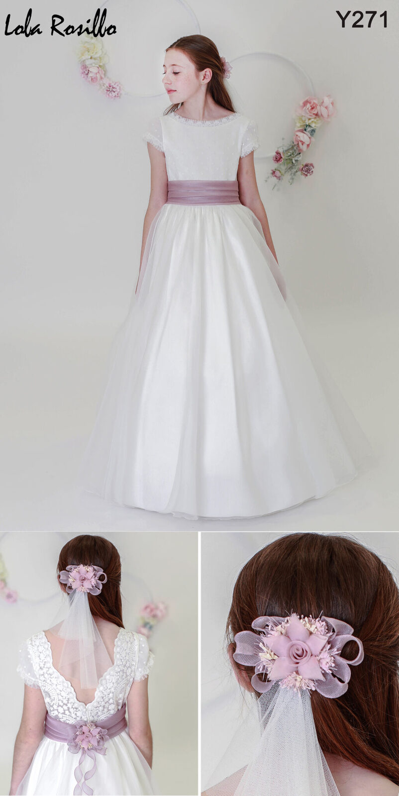 Vestido de comunión Lola Rosillo Y271 con espalda de encaje y fajín malva 1 Vestido de comunión Lola Rosillo Y271